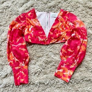 HELLO MOLLY Long Sleeve pink Floral V Neck Crop Top small